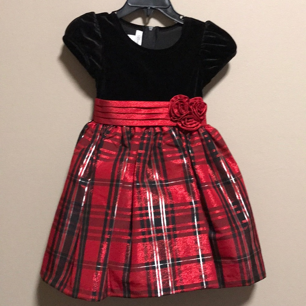 Bonnie Jean Velvet & Plaid Rosette Dress